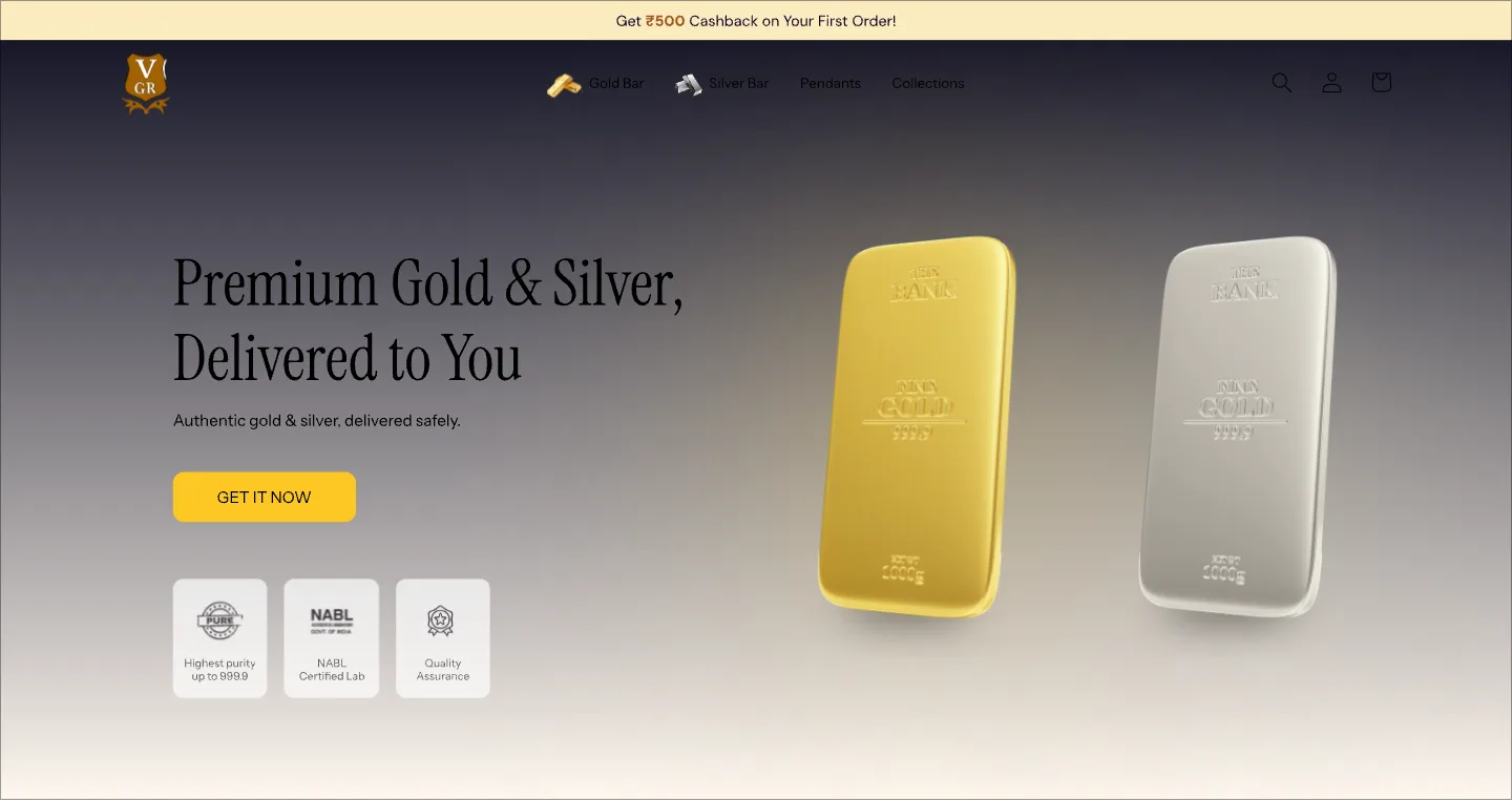 VGR Gold homepage hero — Premium Gold and Silver, Delivered to You