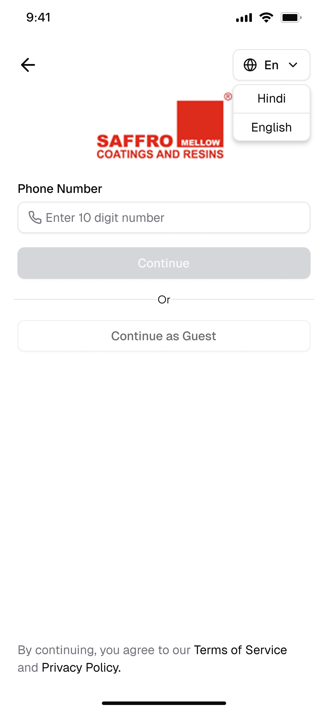 Saffro Mellow customer app — login screen