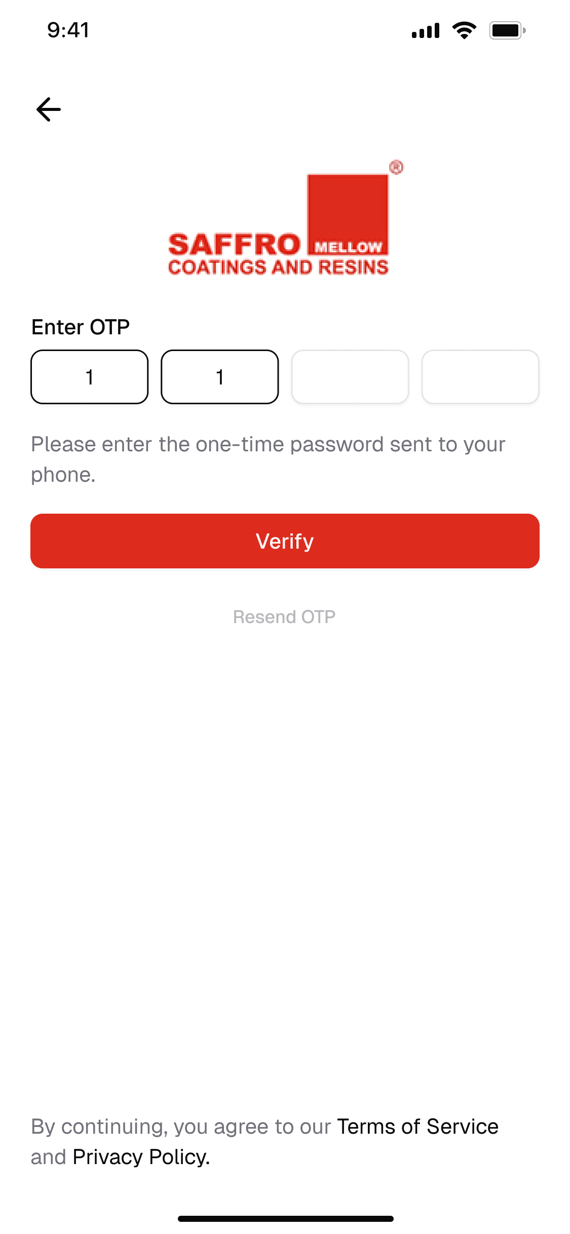 Saffro Mellow customer app — phone verification screen