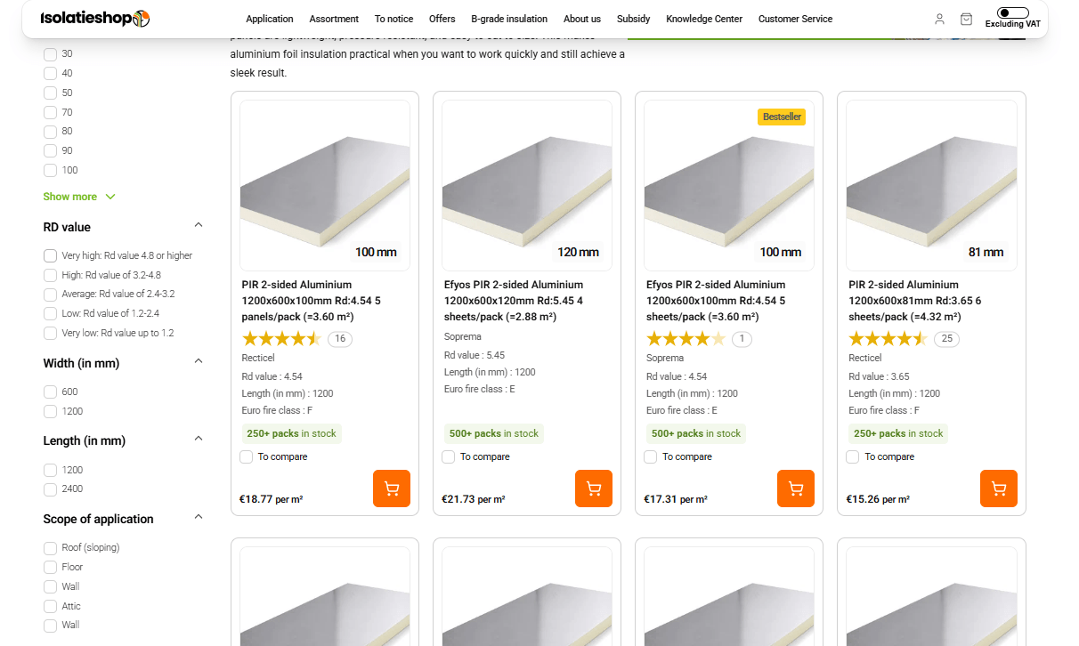 PRODUCT LISTING — PIR, GLASWOL, STEENWOL, EPS, XPS WITH MATERIAL SPECS AND PRICING