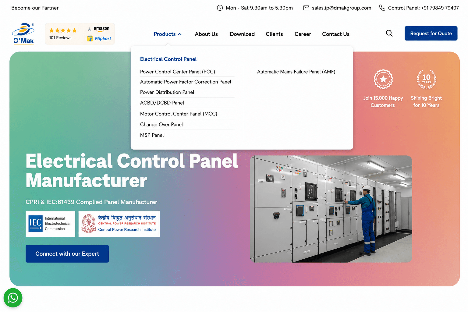 D'Mak category mega-menu — Electrical Control Panel types including PCC, MCC, and AMF panels