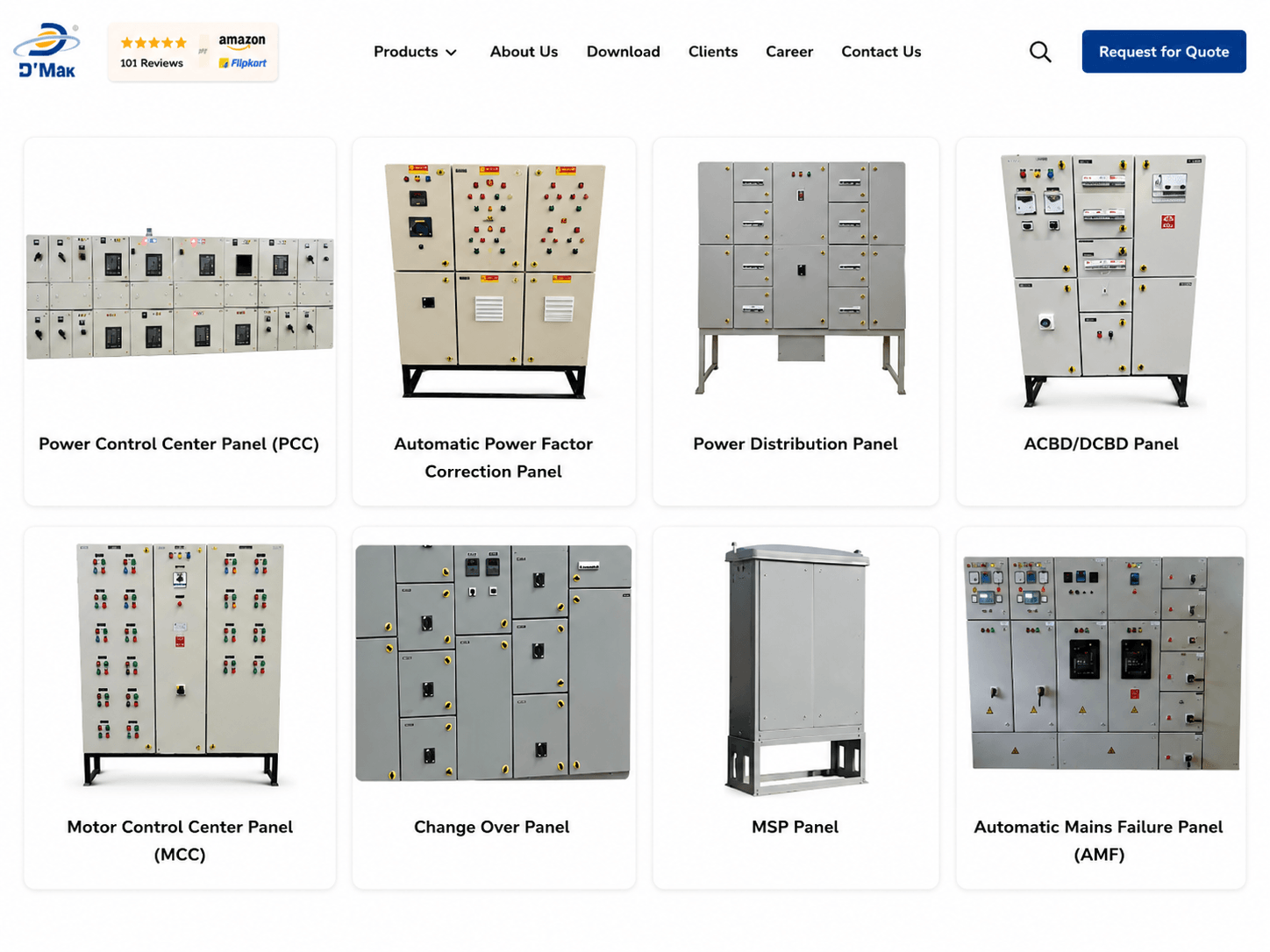 D'Mak product category grid — Power Control Center, Motor Control Center, Automatic Mains Failure, and other panel types