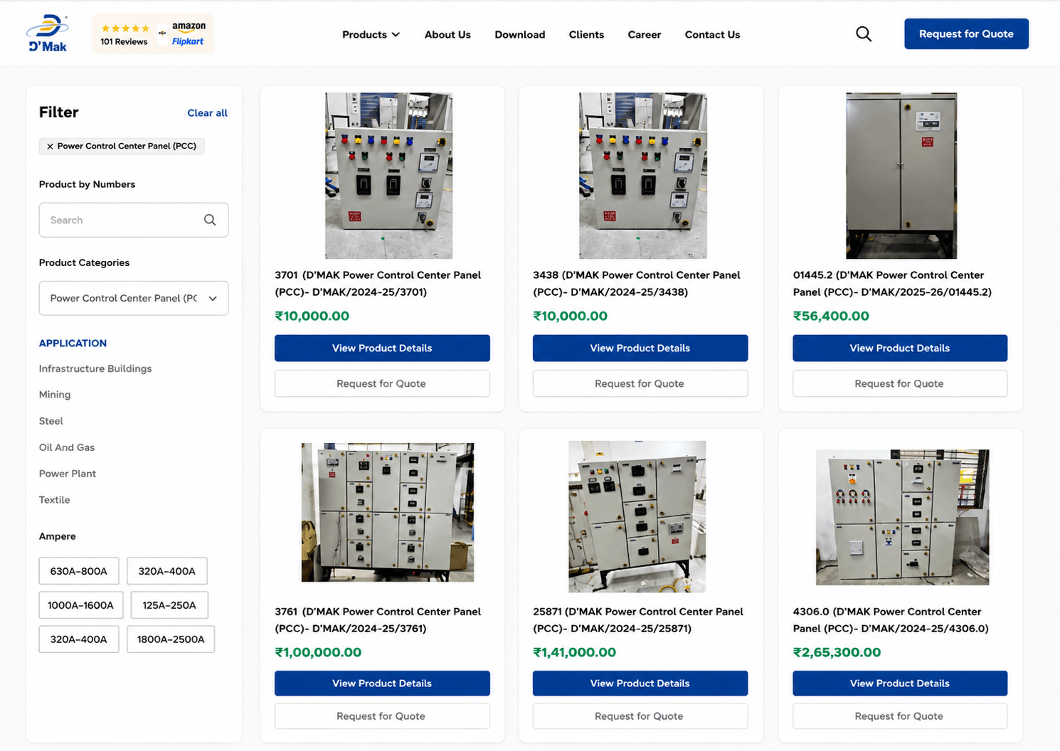 D'Mak product listing — Power Control Center Panels with filters, pricing, and quote request buttons