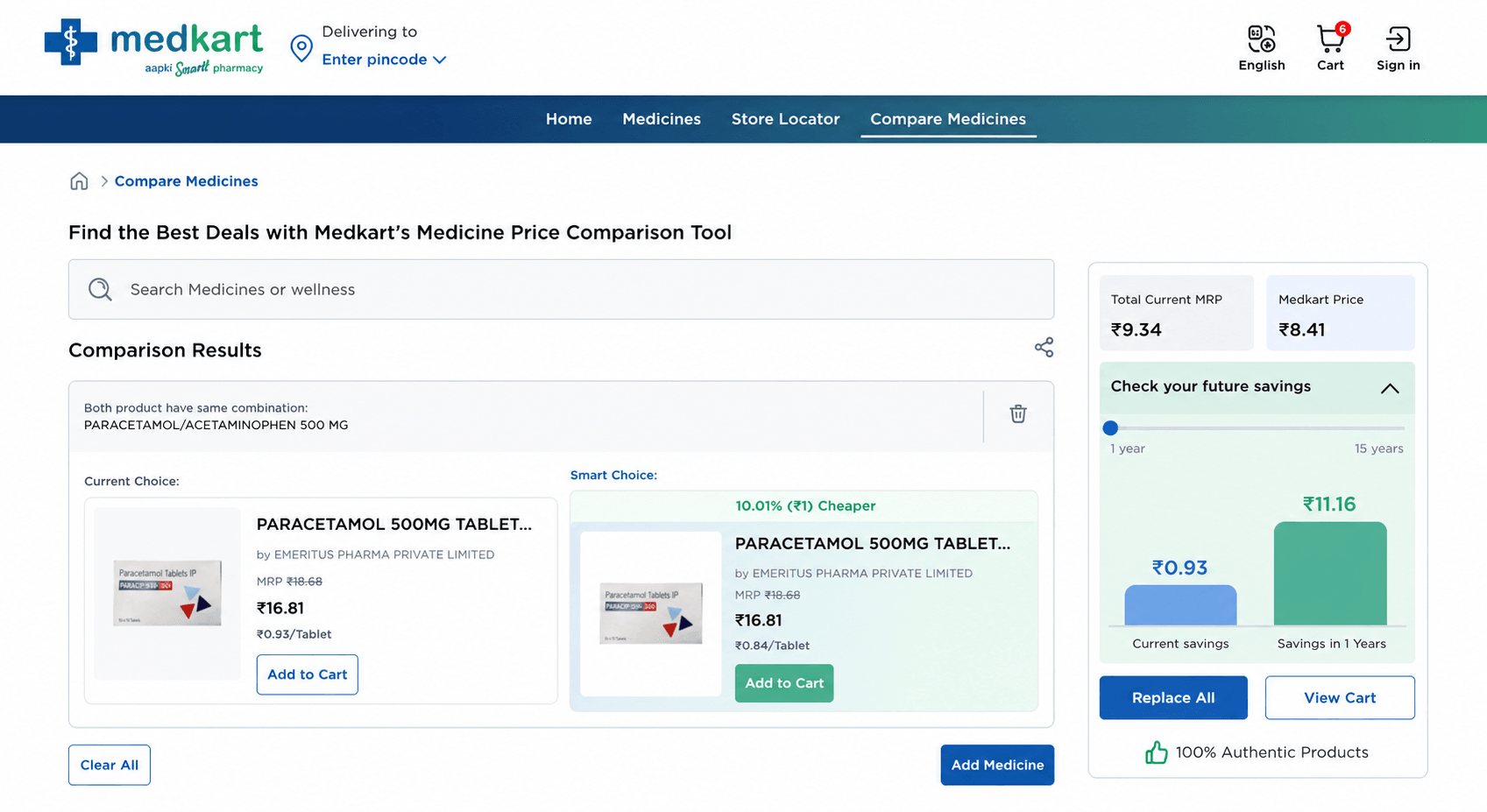 Medkart Compare Medicines tool — brand versus generic price comparison with a future savings calculator