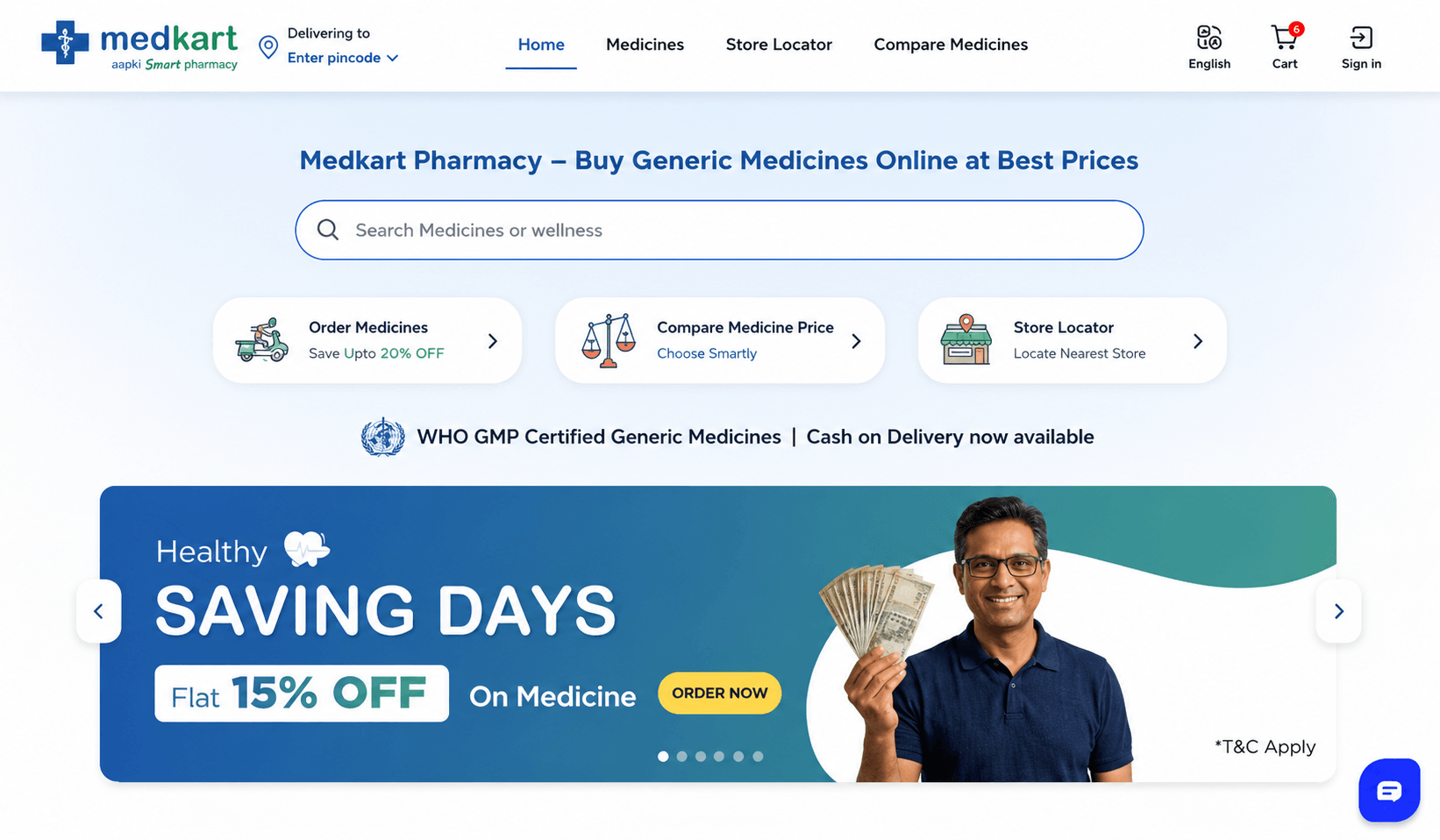 Medkart homepage — redesigned hero banner, search bar, and quick-action cards for ordering, comparing, and store locator