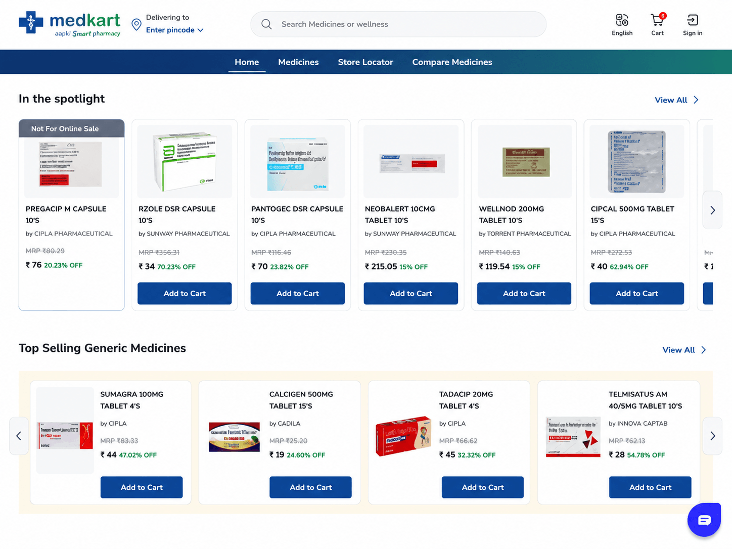 Medkart product listing — In the Spotlight and Top Selling Generic Medicines with discount percentage and Add to Cart on every card