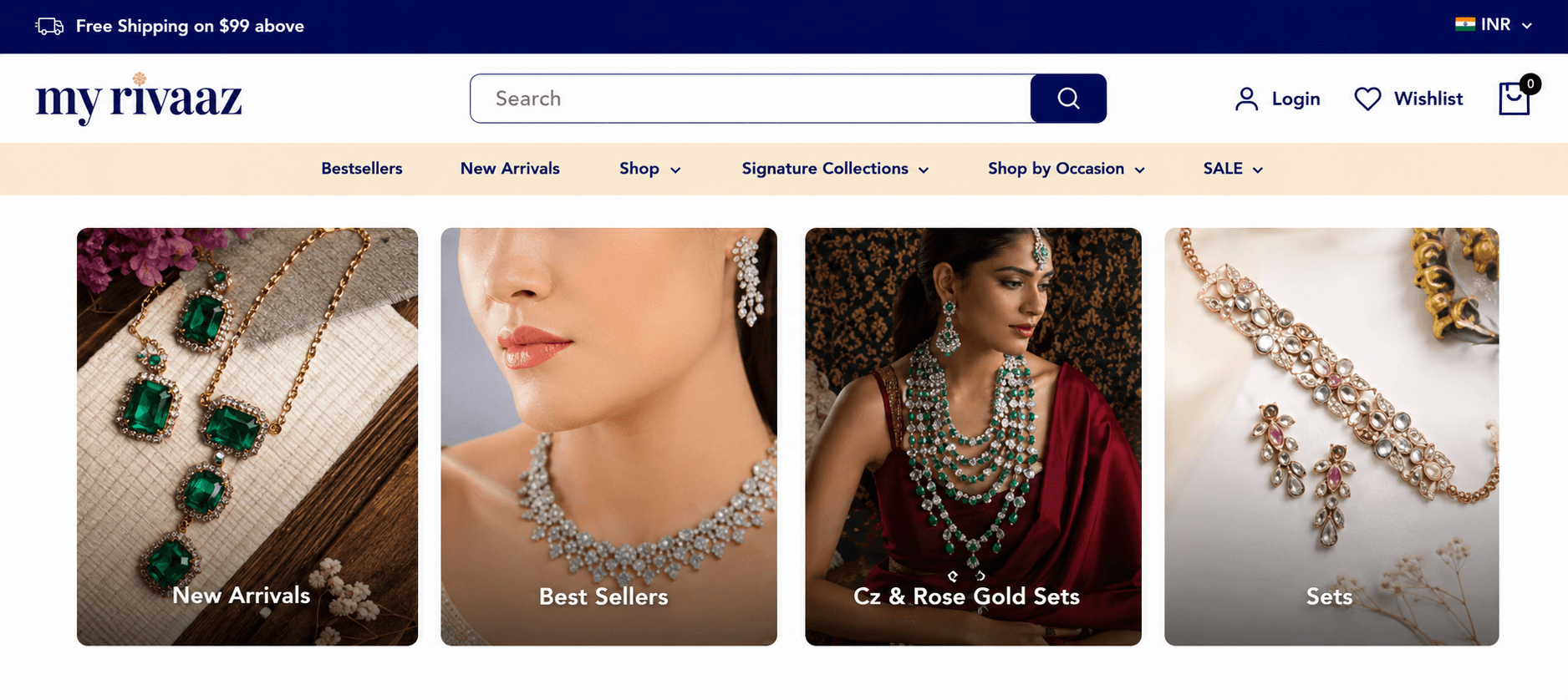 My Rivaaz collection showcase — New Arrivals, Best Sellers, Cz & Rose Gold Sets, and Sets
