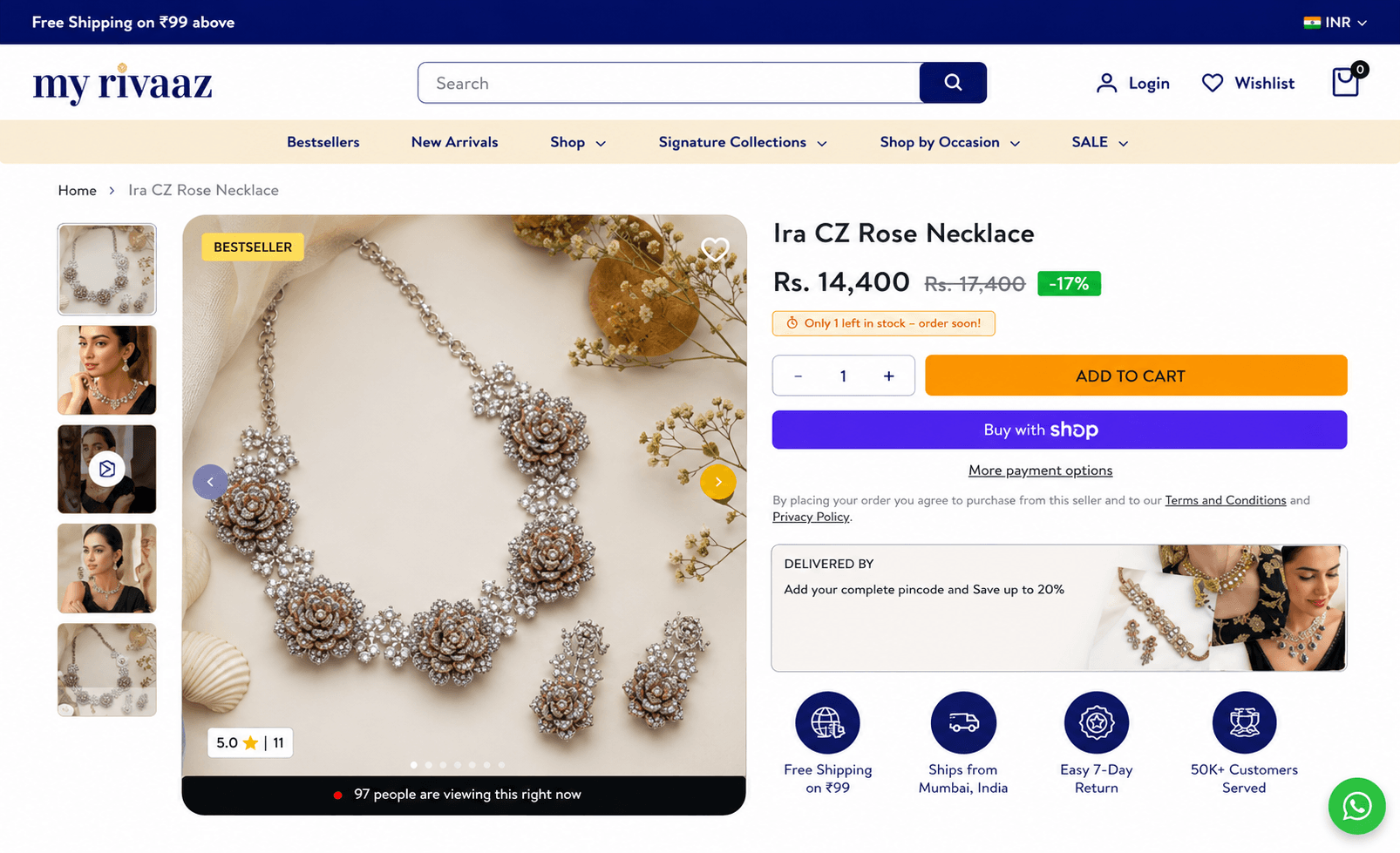 My Rivaaz product detail page — Ira CZ Rose Necklace with pricing, trust badges, and add to cart