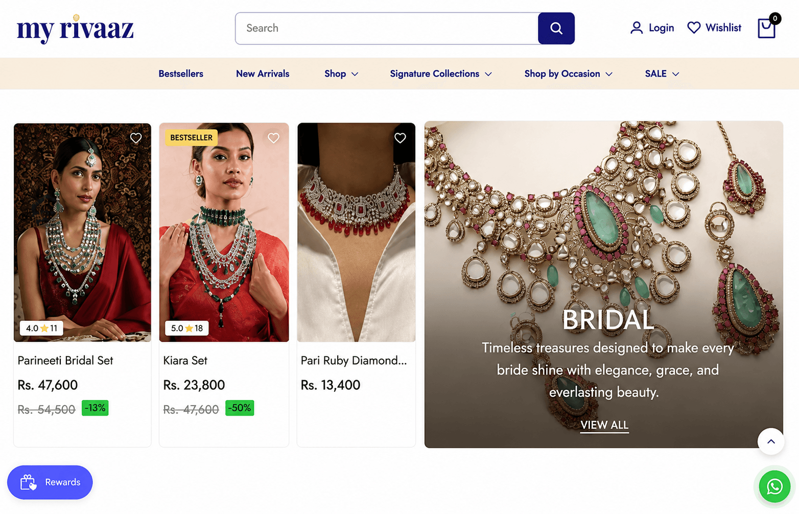 My Rivaaz product listing — collection grid with pricing, ratings, and discount badges
